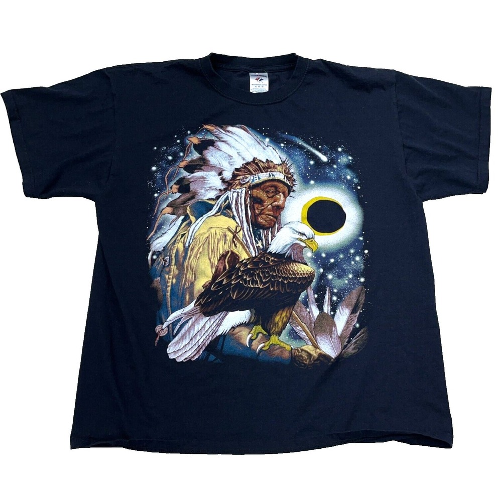 Vintage Indian Shirt Men XL Black Tee Y2K Nature Eagle 2000s Cyber Adult Skate
